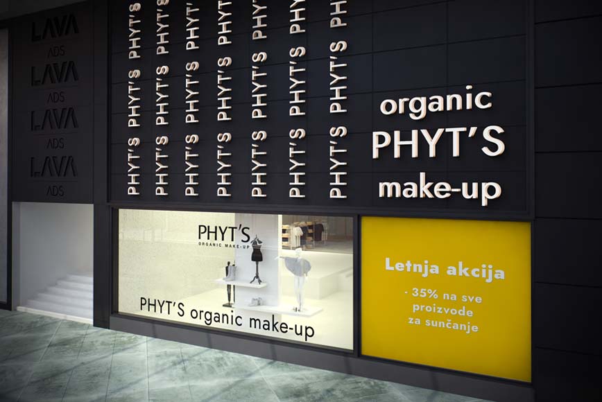 Phyt's LED svetleće reklame sa pokretnim slovima postavljene na zid prodavnice.